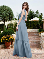 Robe Longueur au Sol en Mousseline à Encolure Carrée Bleu Poudré