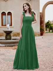 Robe Longueur au Sol en Mousseline à Encolure Carrée Emeraude
