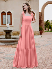 Robe Longueur au Sol en Mousseline à Encolure Carrée Flamant