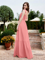 Robe Longueur au Sol en Mousseline à Encolure Carrée Flamant