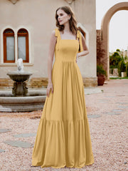 Robe Longueur au Sol en Mousseline à Encolure Carrée Or