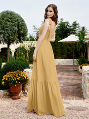 Robe Longueur au Sol en Mousseline à Encolure Carrée Or