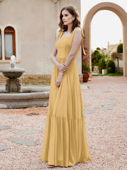 Robe Longueur au Sol en Mousseline à Encolure Carrée Or