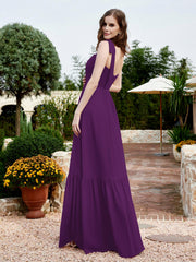Robe Longueur au Sol en Mousseline à Encolure Carrée Raisin