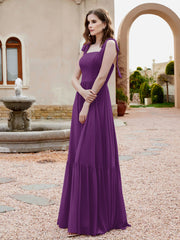 Robe Longueur au Sol en Mousseline à Encolure Carrée Raisin