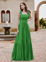 Robe Longueur au Sol en Mousseline à Encolure Carrée Vert