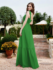 Robe Longueur au Sol en Mousseline à Encolure Carrée Vert