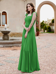 Robe Longueur au Sol en Mousseline à Encolure Carrée Vert