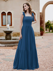 Robe Longueur au Sol en Mousseline à Encolure Carrée Bleu Encre