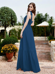Robe Longueur au Sol en Mousseline à Encolure Carrée Bleu Encre