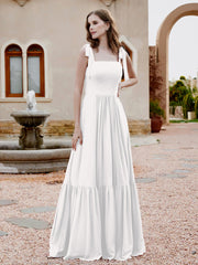 Robe Longueur au Sol en Mousseline à Encolure Carrée Ivoire