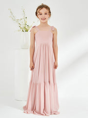 Robes de Demoiselle d'Honneur Junior à A-ligne avec Volants et Nœud Rose Poudré