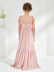 Robes de Demoiselle d'Honneur Junior à A-ligne avec Volants et Nœud Rose Poudré