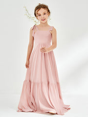 Robes de Demoiselle d'Honneur Junior à A-ligne avec Volants et Nœud Rose Poudré