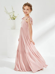 Robes de Demoiselle d'Honneur Junior à A-ligne avec Volants et Nœud Rose Poudré