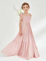 Robes de Demoiselle d'Honneur Junior à A-ligne avec Volants et Nœud Rose Poudré