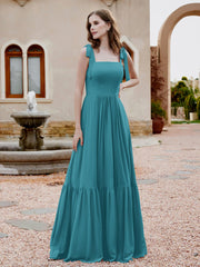 Robe Longueur au Sol en Mousseline à Encolure Carrée Jade