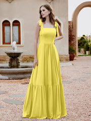 Robe Longueur au Sol en Mousseline à Encolure Carrée Citron