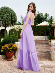 Robe Longueur au Sol en Mousseline à Encolure Carrée Lilas