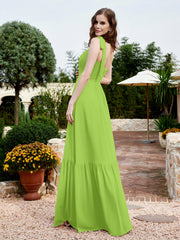 Robe Longueur au Sol en Mousseline à Encolure Carrée Vert Citron