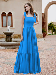 Robe Longueur au Sol en Mousseline à Encolure Carrée Bleu Océan Grande Taille