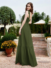 Robe Longueur au Sol en Mousseline à Encolure Carrée Olive Verte