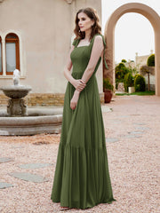 Robe Longueur au Sol en Mousseline à Encolure Carrée Olive Verte Grande Taille