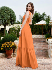 Robe Longueur au Sol en Mousseline à Encolure Carrée Orange Grande Taille