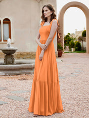 Robe Longueur au Sol en Mousseline à Encolure Carrée Orange Grande Taille