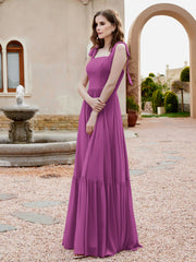 Robe Longueur au Sol en Mousseline à Encolure Carrée Orchidee