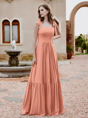 Robe Longueur au Sol en Mousseline à Encolure Carrée Papaye