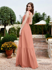 Robe Longueur au Sol en Mousseline à Encolure Carrée Papaye