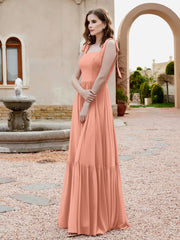 Robe Longueur au Sol en Mousseline à Encolure Carrée Papaye