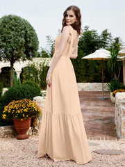 Robe Longueur au Sol en Mousseline à Encolure Carrée Pêche