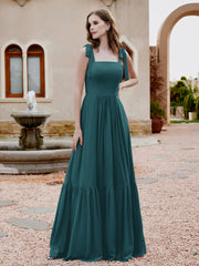 Robe Longueur au Sol en Mousseline à Encolure Carrée Paon