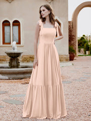 Robe Longueur au Sol en Mousseline à Encolure Carrée Rose Perle Grande Taille