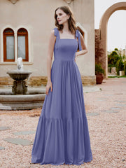 Robe Longueur au Sol en Mousseline à Encolure Carrée Pervenche Grande Taille