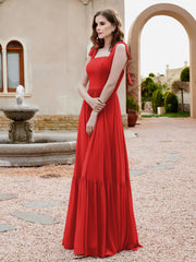Robe Longueur au Sol en Mousseline à Encolure Carrée Rouge