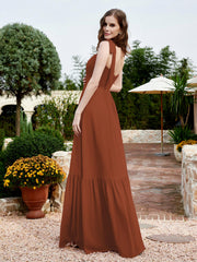 Robe Longueur au Sol en Mousseline à Encolure Carrée Rouille