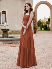 Robe Longueur au Sol en Mousseline à Encolure Carrée Rouille