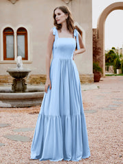 Robe Longueur au Sol en Mousseline à Encolure Carrée Bleu Ciel