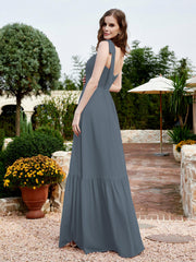 Robe Longueur au Sol en Mousseline à Encolure Carrée Bleu de Schiste