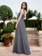 Robe Longueur au Sol en Mousseline à Encolure Carrée Gris Acier