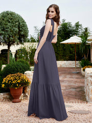 Robe Longueur au Sol en Mousseline à Encolure Carrée Orageux