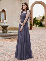 Robe Longueur au Sol en Mousseline à Encolure Carrée Orageux
