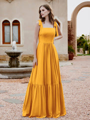 Robe Longueur au Sol en Mousseline à Encolure Carrée Mandarine