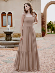 Robe Longueur au Sol en Mousseline à Encolure Carrée Taupe