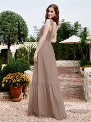 Robe Longueur au Sol en Mousseline à Encolure Carrée Taupe