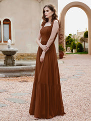 Robe Longueur au Sol en Mousseline à Encolure Carrée Terracotta