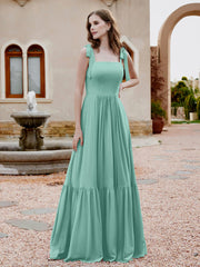 Robe Longueur au Sol en Mousseline à Encolure Carrée Turquoise Grande Taille